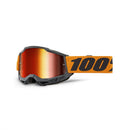 The Accuri 2 Goggle Orange by 100% is a pair of grey performance goggles with red-tinted, anti-fog lenses and an adjustable orange strap featuring "100%" in black, designed for an enhanced field of view during sports or outdoor activities.