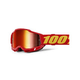 The Accuri 2 Goggle Red from 100% features sleek red motocross goggles with an orange-tinted, anti-fog lens. The adjustable strap is red with yellow "100%" text, ensuring premium performance and a modern look for improved fitment and seal during off-road motorcycling adventures.