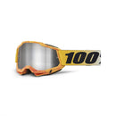 The Accuri 2 Goggle Razza by 100% features yellow motocross performance goggles with an anti-fog lens and an elastic strap with "100%" in bold black letters. The frame displays an orange camo pattern, optimized for off-road sports, providing a wider field of view.