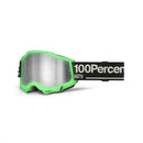 Accuri 2 Goggle Glow by 100% features bright green performance goggles with reflective, anti-fog lenses and a black strap showcasing the bold white "100Percent" text, offering enhanced style and functionality for a wider field of view.