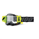 The Accuri 2 Forecast Goggle by 100% features a black and neon yellow design with a wide adjustable "100%" strap, dual-pane lens, and advanced technology for off-road clarity and performance.