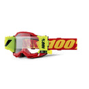 The Accuri 2 Forecast Goggle by 100% has a striking red frame and strap with "100%" branding in yellow. It features advanced lens technology, yellow accents, and a clear lens for enhanced track visibility.