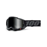 Accuri 2 Sand Goggles by 100% feature a sleek black design with a gray smoke lens, and the strap prominently showcases the "100%" logo, ideal for skiing or motocross.
