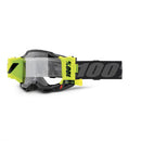 The Accuri 2 Youth Forecast Goggles by 100% are yellow and black motocross goggles for youth, featuring a wide strap with "100%" in gray. Designed specifically for muddy conditions, they offer clear lens visibility and side ventilation slits.