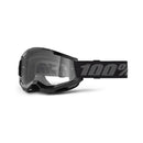 The Strata 2 Goggle Black by 100% features tinted, anti-fog lenses with a wide adjustable strap showcasing the "100%" logo in bold, reflective lettering. Designed for outdoor sports, these rugged motocross goggles also support triple post tear-offs for optimal performance.