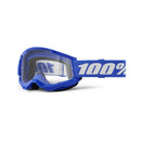 The Strata 2 Goggle Blue by 100% features clear anti-fog lenses, a wide strap with the "100%" logo, and a durable frame for tear-offs—ideal for sports or outdoor activities.
