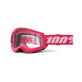 The Strata 2 Goggle Pink by 100% features an anti-fog clear lens, a bold pink elastic strap with "100%" in white lettering, and black padding for comfort. The silicone-coated strap ensures a secure fit against the white background.