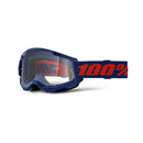 The Strata 2 Goggle Navy by 100% are blue motocross goggles featuring a clear anti-fog lens and sleek design. They have a wide silicone-coated strap with "100%" in bold red text for a secure fit, and they support triple post tear-offs for clear vision when riding.