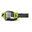 Introducing the Strata 2 Forecast Goggle Black from Crown Kiwi Enterprises Limited, featuring a black and neon yellow design with a clear lens to ensure maximum vision. The adjustable strap is boldly emblazoned with the "100%" logo.