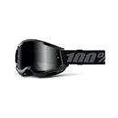 The Strata 2 Sand Goggle Black, by Crown Kiwi Enterprises Limited, features anti-fog dark-tinted lenses for clear vision and an adjustable strap with the "100%" logo in bold white on black. This sleek, robust design is perfect for off-road activities.