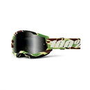 The Strata 2 Sand Goggle War Camo by Crown Kiwi Enterprises Limited features a camouflage pattern, dark tinted anti-fog lens, and "100%" logo strap, ideal for desert motorcycle adventures, showcased against a white background.