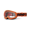 The Strata 2 Youth Goggle Neon by 100% features a clear, anti-fog lens and an adjustable strap with a bold black "100%" logo.