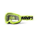 The Strata 2 Youth Goggle Yellow by Crown Kiwi Enterprises Limited features a wide elastic strap with bold "100%" text, neon green design, clear anti-fog lens for sports and outdoor activities, providing eye protection, secure fit, and expansive field of view.
