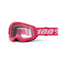 The Strata 2 Youth Goggles by 100% come in pink with a robust frame for off-road protection, featuring a clear anti-fog lens and a strap boldly displaying the "100%" logo in white on a pink background.