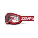 Strata 2 Youth Goggle by 100% features a red frame with anti-fog transparent lenses and a wide adjustable strap. The strap displays the bold white "100%" logo, ensuring secure fit and eye protection for outdoor activities.