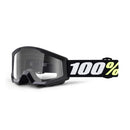 The Strata Mini Goggle Black by 100% features a clear, anti-fog lens and a wide silicone-coated strap with bold white and yellow "100%" lettering.