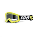 The Strata Mini Goggle Yellow by 100% features neon yellow design, clear anti-fog lenses, a black adjustable strap with a bold white "100%" logo, perfect for young riders' adventures.