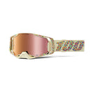 Two vibrant Armega LE Donut Goggles from Crown Kiwi Enterprises Limited are showcased with mirrored lenses and patterned straps. Featuring HiPER contrast-enhancing lenses, they include a matching red pouch on the left and a lively box saying "Thank you for racing with us!" in the background.