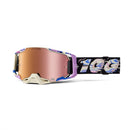 Two vibrant Armega LE Donut Goggles from Crown Kiwi Enterprises Limited are showcased with mirrored lenses and patterned straps. Featuring HiPER contrast-enhancing lenses, they include a matching red pouch on the left and a lively box saying "Thank you for racing with us!" in the background.