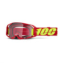 ARmatic Goggle Red by Crown Kiwi Enterprises Limited features a robust frame, wide strap with "100" in bold yellow on red, and quick-release tinted lens, perfect for high-speed motocross rides.