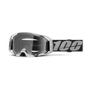 Close-up of ARmatic Goggle RapidRacer by Crown Kiwi Enterprises Limited, featuring a prominent "100" on the adjustable strap. These black and white goggles have a sleek frame design, tinted lenses, and a quick-release system for convenience on the track.