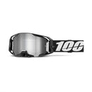 The ARmatic Goggle Black by Crown Kiwi Enterprises Limited offers exceptional visual clarity with its large mirrored lens. It features an adjustable strap with a bold white "100" logo and a sleek design, including a quick-release lens for enhanced convenience.