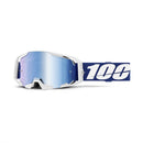 The ARmatic Goggle Blue by Crown Kiwi Enterprises Limited features a white frame, blue-tinted lenses, and a blue strap with "100" in white. These goggles are essential for motocross riders seeking optimal eye protection.
