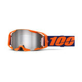 The ARmatic Goggle Neon Orange by Crown Kiwi Enterprises Limited features a reflective lens and blue strap with large orange "100" text, ideal for exciting motocross adventures.
