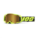 The ARmatic Goggle Neon Yellow by Crown Kiwi Enterprises Limited features a yellow and black design with tinted lenses, adjustable strap, and bold "100" lettering. It boasts a quick-release lens system for fast changes, ensuring clarity and style on the track.