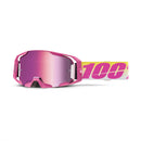 The ARmatic Goggle Sellars from Crown Kiwi Enterprises Limited features a pink frame with gradient pink lenses for great visual clarity. Its adjustable strap displays "100" in bold yellow over a pink-to-white gradient, and the quick-release lens system offers easy adaptability on the track.