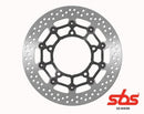 An image of a circular BMW SBS Brake Disc by Dold Industries, suitable for Harley Davidson models, with multiple perforations. The SBS logo and "GO AHEAD" text are elegantly displayed in red at the bottom right corner.