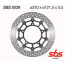 Depiction of the SBS Brake Disc (Ø310 x Ø121.5 x 5.0) featuring a perforated design and black circular center, with the SBS logo and "GO AHEAD" text in the lower right corner.