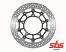 A gray SBS Brake Discs 5270 by Dold Industries is shown on a white background. It has multiple perimeter holes and a black inner ring with a geometric design, while the red "SBS Part-Number" logo and "GO AHEAD" text appear at the bottom right corner.