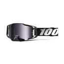 The Armega Goggle Black Essential by Crown Kiwi Enterprises Limited features a sleek, modern design with a tinted ULTRA HD lens and a black elastic strap adorned with bold white "100." It provides enhanced clarity and robust protection for any motocross adventure.