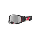 Introducing the ALPINESTARS Supertech Corp Goggles, featuring an Absolute Vision lens for enhanced peripheral vision. These black and red goggles have a reflective lens, adjustable strap, and a striking red and white logo on the side.