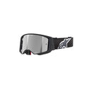 The ALPINESTARS Supertech Corp Goggle boasts a sleek black Supertech Frame and strap with an Absolute Vision Lens for superior clarity. The strap features a prominent white logo.