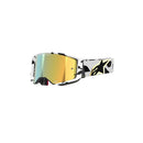 The ALPINESTARS Supertech Corp Goggle features the Absolute Vision lens with a reflective golden tint and a white strap with a black and white abstract design. The Supertech Frame offers a stylish look while ensuring an expansive field of view.