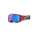 ALPINESTARS Supertech Corp Goggles feature Absolute Vision™ mirrored lenses and a Supertech frame for exceptional peripheral vision, along with a blue and yellow strap displaying a stylized logo.