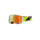 Introducing the Supertech Corp Goggle by Crown Kiwi Enterprises Limited: stylish sports eyewear in bright yellow and black featuring an Absolute Vision™ lens. These goggles provide exceptional peripheral vision with a reflective orange lens and adjustable strap, complete with a stylized star logo.