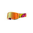 The vibrant ALPINESTARS Supertech Corp Goggle features an Absolute Vision™ lens in orange tint for a wide view, with a strap showcasing a pink and black abstract design.