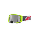 Introducing the ALPINESTARS Supertech Corp Goggle with an Absolute Vision™ lens in a neon green frame and mirrored finish. Features include a sleek design with an adjustable gray strap and red/white star logo for style and enhanced peripheral vision on any adventure.