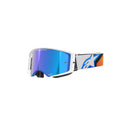 Introducing the ALPINESTARS Supertech Corp Goggle with a reflective blue lens and sleek white frame. These goggles boast a multicolored strap with a prominent white logo, ensuring style and a wide view for any adventure.
