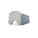The 100% Adult Injected Lens is a gray, irregularly shaped polycarbonate shield designed for sports eyewear. It features a reflective surface, small attachment notches, and fits Filter Category 2 for optimal light transmission, protection, and clarity.
