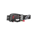 Introducing the sleek Supertech Corp Goggle by Crown Kiwi Enterprises Limited, a pair of black and red motocross eyewear with advanced Absolute Vision™ lens technology. Featuring a clear lens, adjustable strap, and stylish side logo, these goggles offer top-tier performance and clarity on every ride.