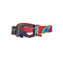 The ALPINESTARS Supertech Corp Goggle features red and blue designs with a wide elastic strap in yellow and green. It has an Absolute Vision cylindrical lens with ventilation openings for a clear, wide view.