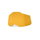 The RC2/AC2/ST2 Persimmon Lens by Crown Kiwi Enterprises Limited is a yellow-tinted, anti-fog replacement lens for goggles. It boasts a curved design with multiple attachment points and includes a small metal fastener for easy interchangeability.