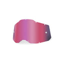 The RC2/AC2/ST2 Pink Mirror Lens by Crown Kiwi Enterprises Limited is a single pink-tinted iridescent lens for Gen 2 goggles, featuring an anti-fog coating, a rectangular shape, and attachment holes. Displayed on a plain white background, it offers protection and clarity.