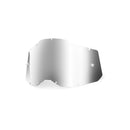 The RC2/AC2/ST2 Mirror Silver Lens by Crown Kiwi Enterprises Limited is a single replacement lens for Gen 2 motocross goggles. It protects from debris, reduces glare with pre-cut ventilation holes, and features interchangeable lens technology on a shiny, reflective surface against white.