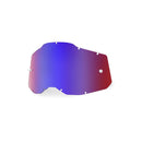 The Mirror Red/Blue RC2/AC2/ST2 lens from Crown Kiwi Enterprises Limited features a sleek, reflective surface and interchangeable lens technology for versatile eye protection. Designed to attach easily to 100% Goggles, it ensures clarity and safety during rides.