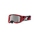 Crown Kiwi Enterprises Limited's Vision 8 Luar Goggle, featuring red and black design with bold strap graphics and a reflective polycarbonate lens, ensures clear peripheral vision.